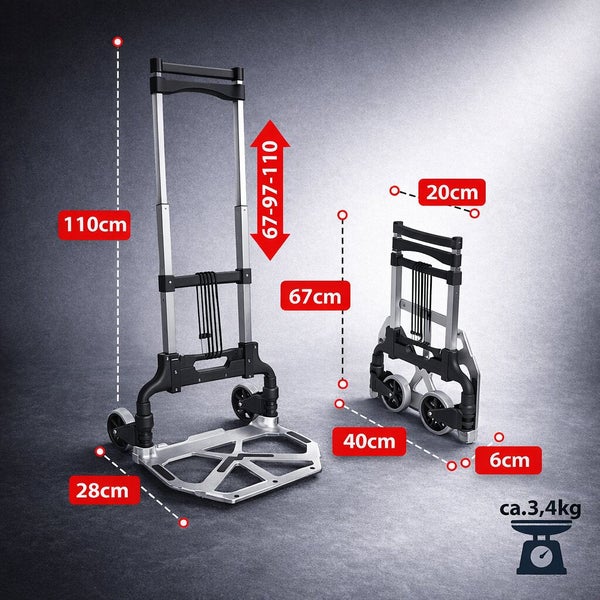 Zusammenklappbare Sackkarre aus Aluminium mit verstellbarem Griff und Maßangaben sowie einem Gewicht von circa 3,4 Kilogramm.