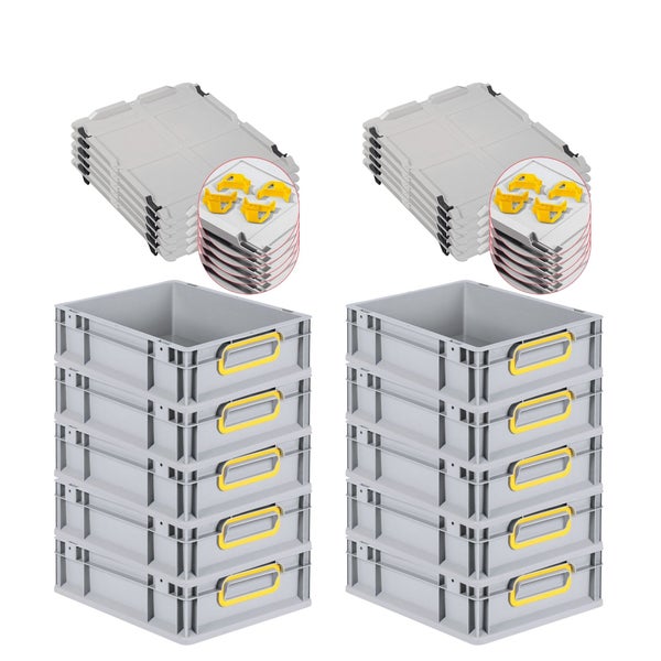 PROREGAL Spar Set 10x Eurobox Nextgen Color Mit Auflagedeckel & Schiebeschnappverschlüsse HxBxT 12 x 30 x 40 cm Griffe Gelb Geschlossen Glatter Boden