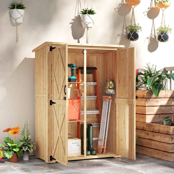 Outsunny Gartenschrank Holz, Geräteschuppen mit Abschließbar Doppeltür Asphalt-Dach Ablage 116,5x57x167cm, wetterfest Geräteschrank, Gerätehaus Gartenschuppen für Garten, Terrasse, Naturholz