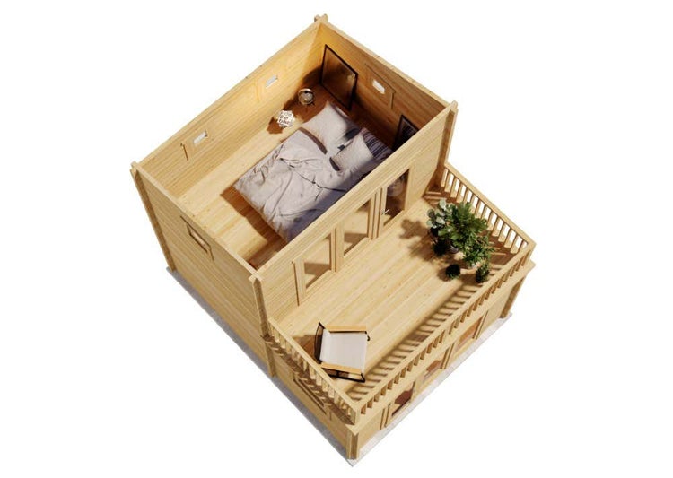 Draufsicht auf das Obergeschoss eines zweistöckigen Gartenhauses aus Holz mit Schlafzimmer, Balkon, Holzgeländer, Sessel und Pflanzen.