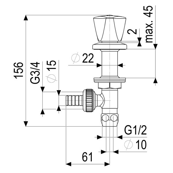 Technische Zeichnung eines Geräteventils mit Abmessungen: Höhe 156 Millimeter, Anschlüsse G 3/4 und G 1/2, Durchmesser 10, 15 und 22 Millimeter.