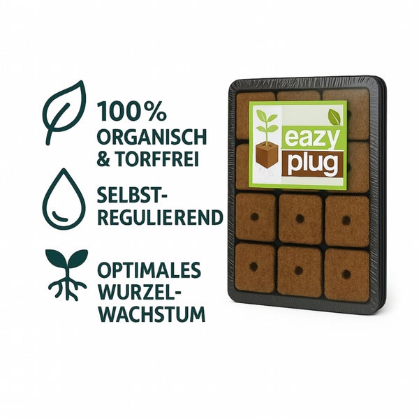 Eazy Plug Anzuchtplugs in einer Verpackung, die organisches und torffreies Wachstum fördert und sich selbst reguliert