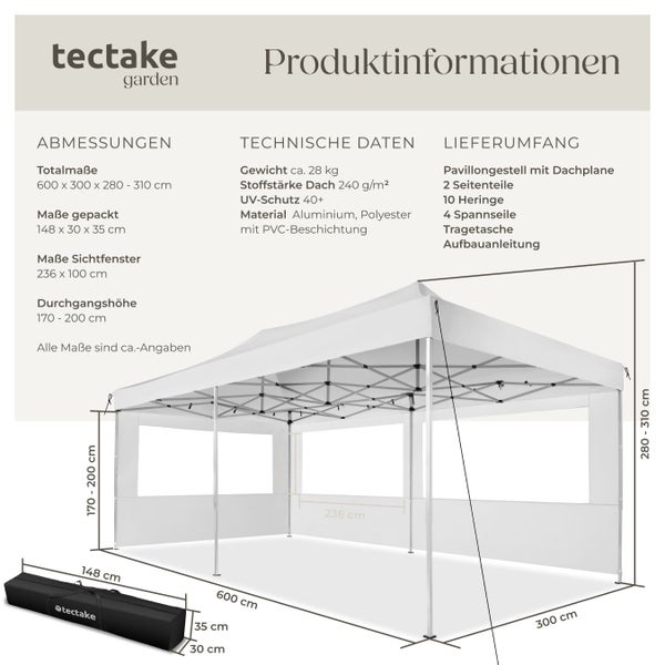 Produktinformationen zum tectake Gartenpavillon mit Angaben zu Abmessungen, technischen Daten und Lieferumfang.