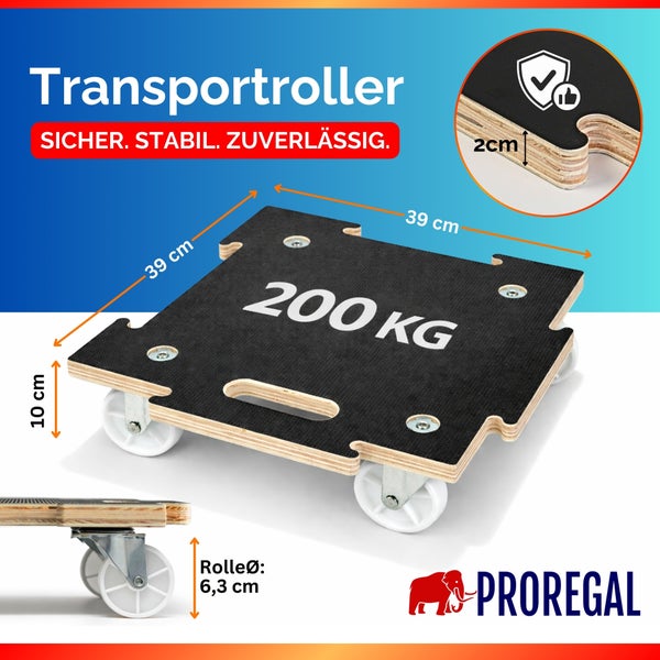 Proregal Transportroller aus Holz mit 200 Kilogramm Tragkraft. Maße 39 mal 39 Zentimeter, Höhe 10 Zentimeter, Plattenstärke 2 Zentimeter. Proregal Logo.