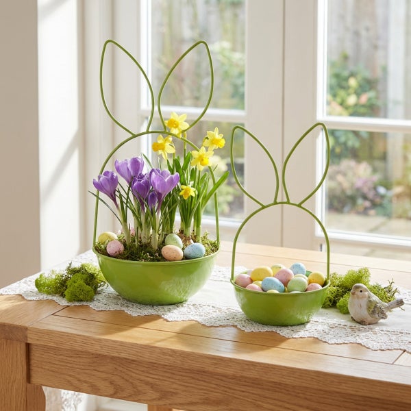 Zwei Osterdekorationen in Form von Pflanzschalen mit Hasenohren aus Metall auf einem Holztisch, dekoriert mit Frühlingsblumen und Ostereiern.