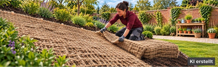 Eine Person verlegt ein Kokosgewebe zur Böschungsbefestigung an einem sonnigen Gartenhang mit Pflanzen und einer Backsteinmauer im Hintergrund.