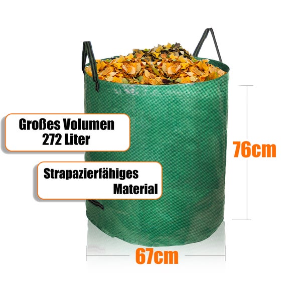 Gartenabfallsack gefüllt mit Laub, Volumen 272 Liter, Höhe 76 cm, Durchmesser 67 cm