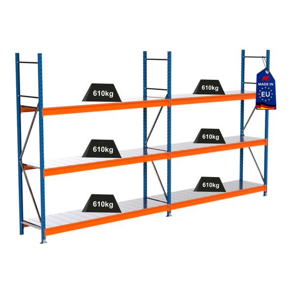 Lagerregal mit mehreren Ebenen und einer Traglast von 610 Kilogramm pro Ebene. Made in EU Kennzeichnung.