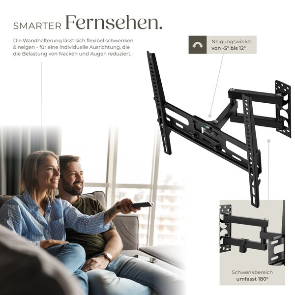 Schwenkbare und neigbare TV Wandhalterung aus Metall mit 180 Grad Schwenkbereich und Neigungswinkel von -5 bis 12 Grad fuer den Fernseher.