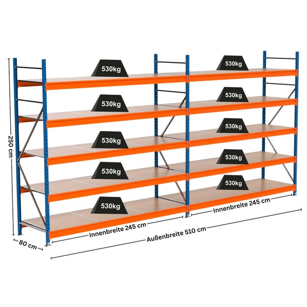 Lagerregal mit fünf Ebenen, Traglast 530 Kilogramm pro Ebene