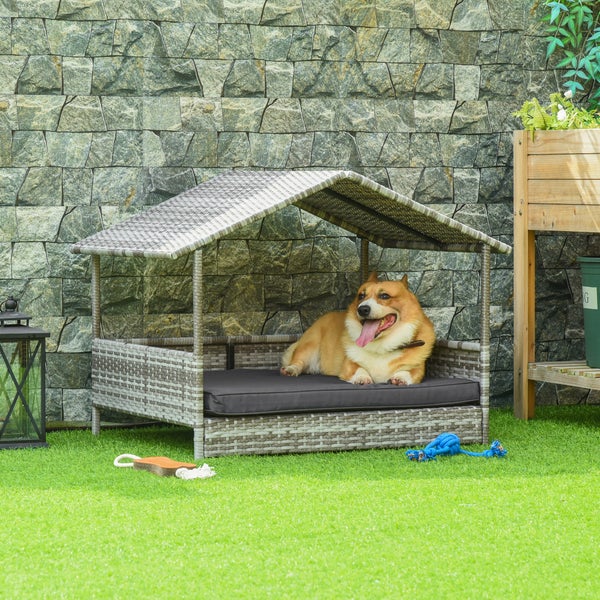PawHut Rattan Hundehaus mit Kissen, Hundebett im Hausform, Outdoor Hundehütte, Stahlrahmen, Kunststoff, Grau, 69 x 98 x 70 cm