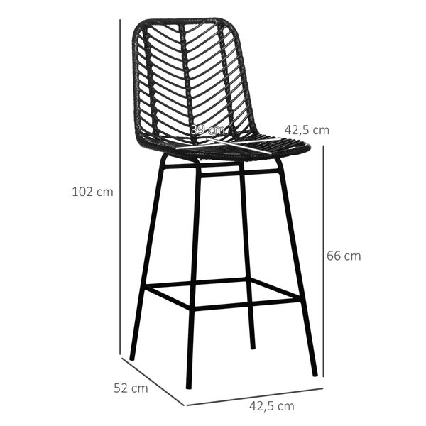 HOMCOM Barhocker 2er Set, Barstuhl mit Gestell aus Kunstrattan, Rückenlehne, Küchenstühle mit integrierter Fußstütze, Tresenhocker für Küche, Wohnzimmer, Esszimmer, Boho-Stil, Schwarz