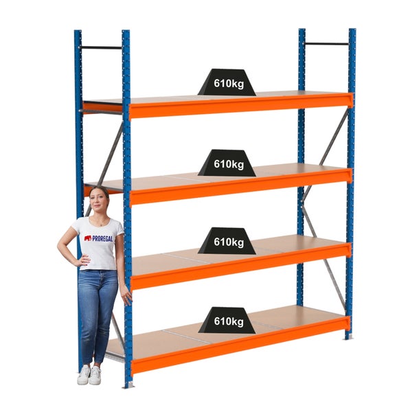 Lagerregal mit vier Ebenen und einer maximalen Traglast von 610 Kilogramm pro Ebene