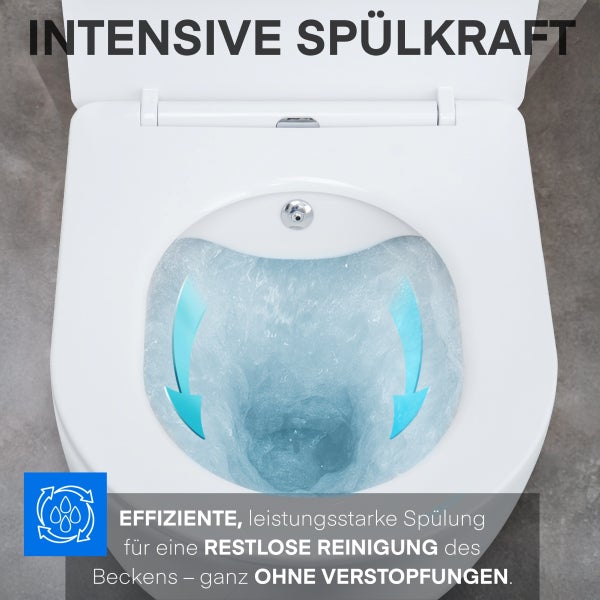 Toilettenbecken mit aktiver Spülung. Wirbelndes Wasser zeigt die intensive Spülkraft für eine gründliche Reinigung ohne Verstopfungen.