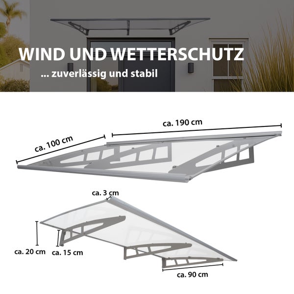 Vordach für den Hauseingang mit Maßangaben für Wind und Wetterschutz