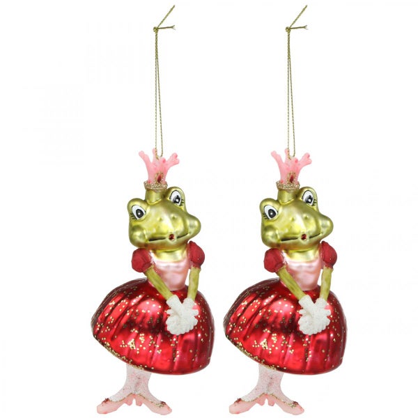 Zwei Frosch Prinzessin Christbaumkugeln mit Krone und Kleid