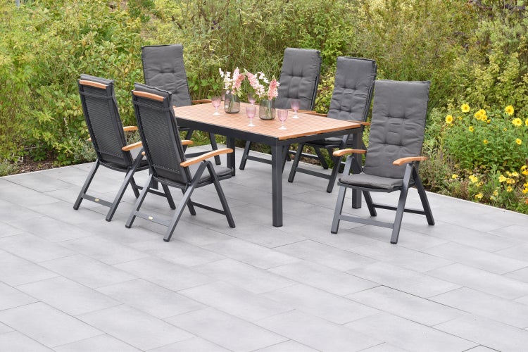 Tilos Gartenmöbelset 13tlg., Klappsessel inkl. Auflagen, Ausziehtisch 180 (250) x 100 cm