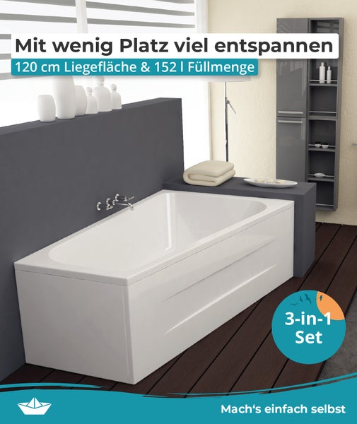 Modernes, helles Badezimmer mit weißer Badewanne, 120 Zentimeter Liegefläche, 152 Liter Inhalt, Chrom-Wandarmatur und grauem Hochschrank, 3-in-1 Set.