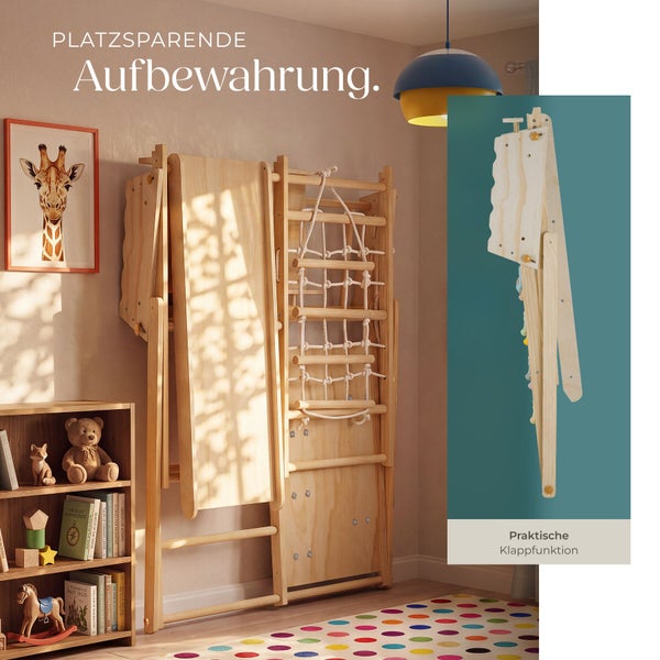 Eine platzsparende Sprossenwand aus Holz für Kinderzimmer mit Klappfunktion, montiert an einer Wand neben einem Regal mit Spielzeug.