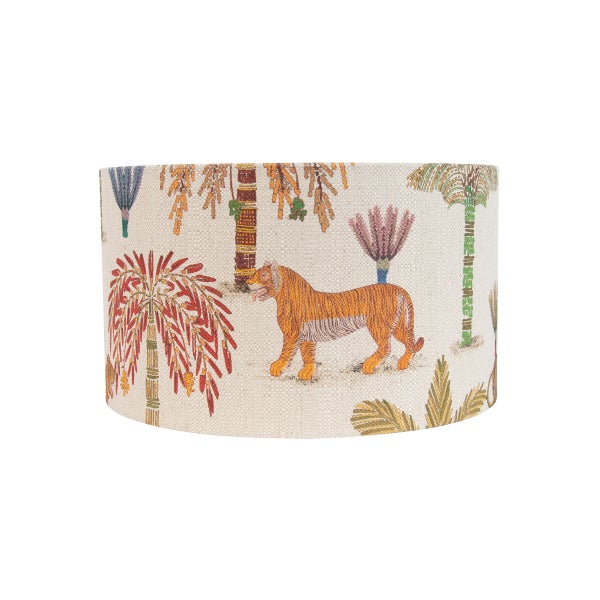 Runder Lampenschirm mit Tiger und Dschungel Motiv aus Textil für Tischlampen oder Pendelleuchten