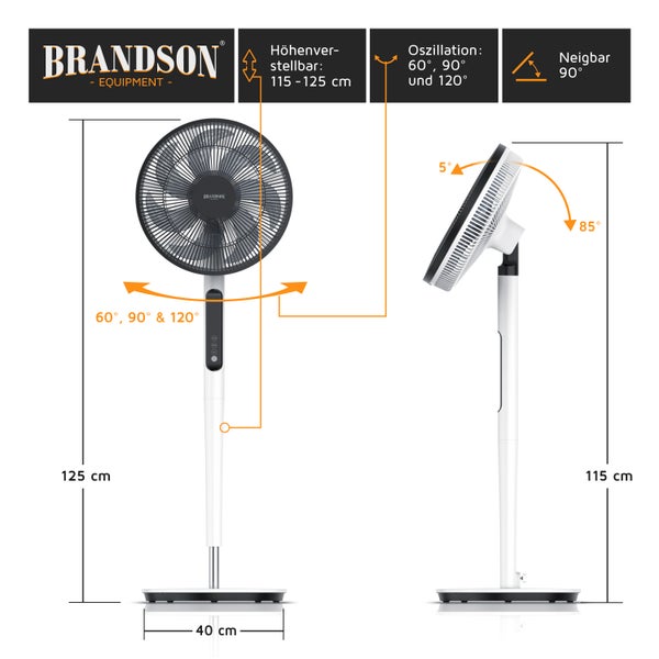 Brandson - DC Standventilator energiesparend ECO - Fernbedieung - Brushless Silent Motor -sehr leise - Oszilation 60° 90° 120° - Ventilator Timer