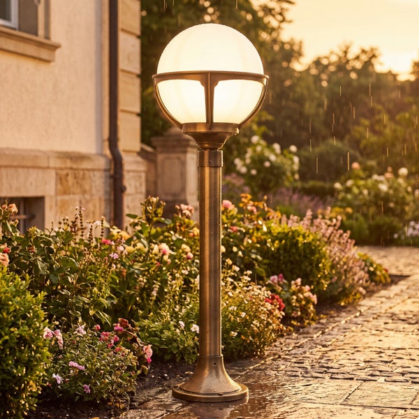 Klassische Wegeleuchte mit kugelförmigem Schirm aus Glas in einem bepflanzten Gartenbeet neben einem gepflasterten Weg bei Regen.