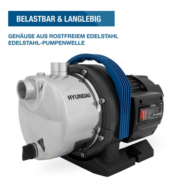Hyundai Gartenpumpe mit Gehäuse und Pumpenwelle aus rostfreiem Edelstahl, belastbar und langlebig, mit Tragegriff und Ein-Ausschalter.