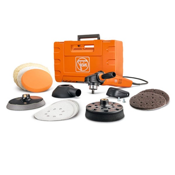 Fein Polier-Set mit Rotationspolierer, Transportkoffer, Polierpads, Stütztellern und Schleifblättern.