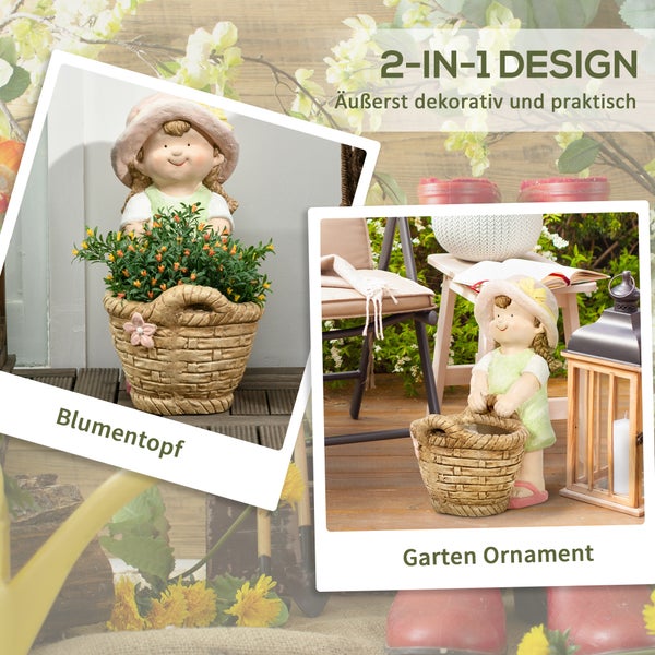 Outsunny Gartenfigur Mädchen mit Blumentopf, Wetterbeständige Gartenstatue, für Heimdekoration, Garten, Hof, 20L x 30B x 40H cm, Magnesium-Oxid, Mehrfarbig