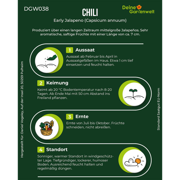 Deine Gartenwelt Logo. Infografik für Chili Early Jalapeno: Aussaat Februar bis April, Keimung ab 20 Grad, Ernte Juli bis Oktober, sonniger Standort.