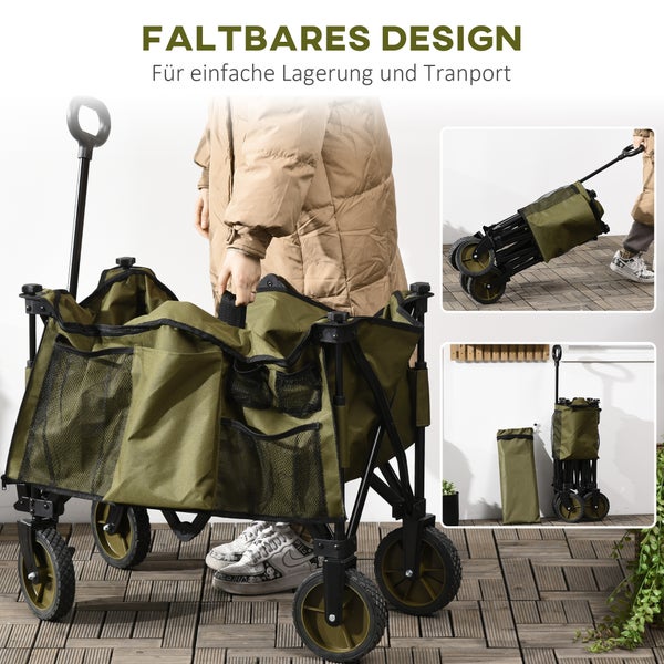 Outsunny Bollerwagen Faltbar, Handwagen mit Räder, Bremsen, Tragetasche, 125L Transportwagen bis 120kg belastbar, XXL Gerätewagen, Gartenwagen Gartenkarre für Strand Camping Einkaufen, Grün