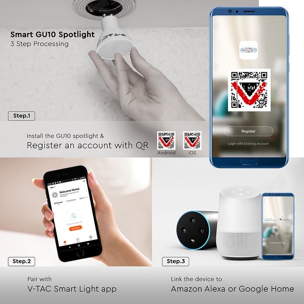 Infografik zeigt die dreistufige Einrichtung eines Smart GU10 Spotlights: Montage, Kopplung mit der V-TAC Smart Light App und Verbindung mit Amazon Alexa oder Google Home.