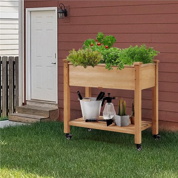 Hochbeet aus Holz mit Rädern, bepflanzt mit Gemüse und Kräutern, inklusive Gartengeräten