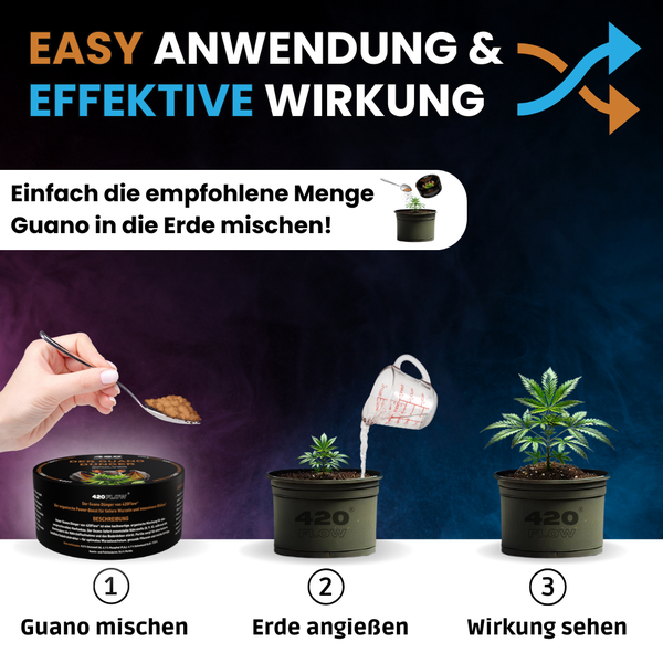Infografik zur Anwendung von 420Flow Guano Dünger: Mischen, Gießen, Wirkung zeigen.