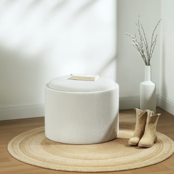 HOMCOM Sitzhocker mit Stauraum Hocker mit Deckel, Runder Fußhocker Polsterhocker Couchtisch mit Cord-Optik 56 x 56 x 42 cm Cremeweiß