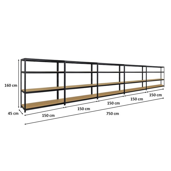 PROREGAL Mega Deal 5er-Set Schwerlastregal Giant Elephant 160x150x45cm mit 4 Ebenen Fachlast 200kg Schwarz