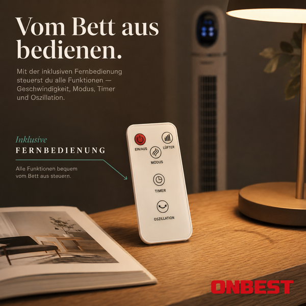 Fernbedienung für Turmventilator auf einem Nachttisch neben einer Lampe, Turmventilator im Hintergrund, ONBEST Logo.
