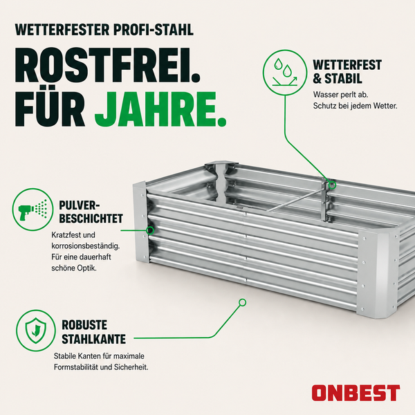 ONBEST Hochbeet aus pulverbeschichtetem, rostfreiem Profi-Stahl mit robusten Stahlkanten, wetterfest und stabil.