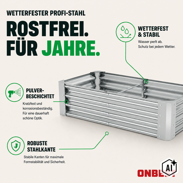 ONBEST Hochbeet aus pulverbeschichtetem, rostfreiem Profi-Stahl mit robusten Stahlkanten, wetterfest und stabil.