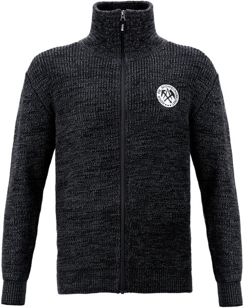 Strickjacke Troyer aus meliertem Strick mit Reißverschluss, Stehkragen und Dachdecker-Zunftlogo auf der Brust.