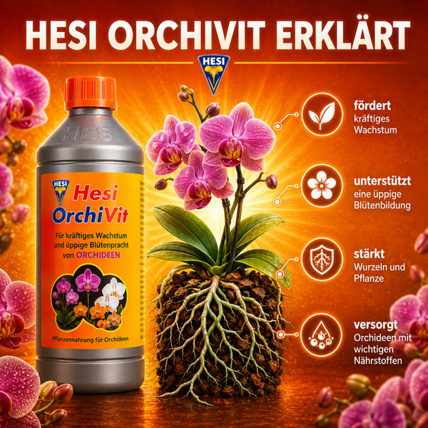 Hesi OrchiVit Orchideendünger Flasche mit Informationen zu Anwendung und Wirkung für gesundes Wachstum und prächtige Blüten.