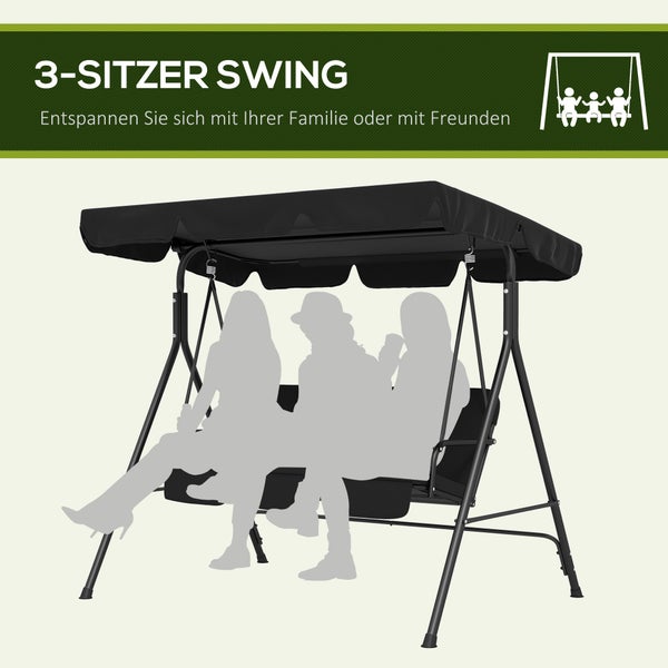 Outsunny Hollywoodschaukel mit verstellbarem Sonnendach, 3-Sitzer Gartenschaukel mit Anti-Rutsch-Füßen, wasserabweisend Schaukelbank belastbar bis 200 kg, für Garten, 172x110x153cm, Schwarz