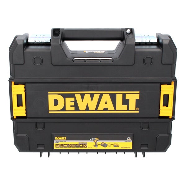 DeWALT Werkzeugkoffer aus schwarzem Kunststoff mit gelben Verschlüssen und Tragegriff.