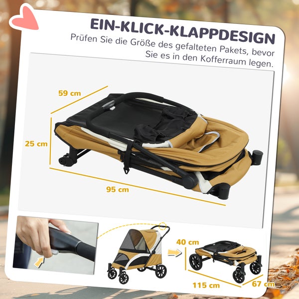 PawHut Hundewagen Hundebuggy klappbar für große Hunde & Katzen bis 30 kg Katzenbuggy mit Kissen Netzfenstern Türen Aufbewahrungstasche Katzenwagen mit Sicherheitsleinen, Bremsen, Buggy Braun