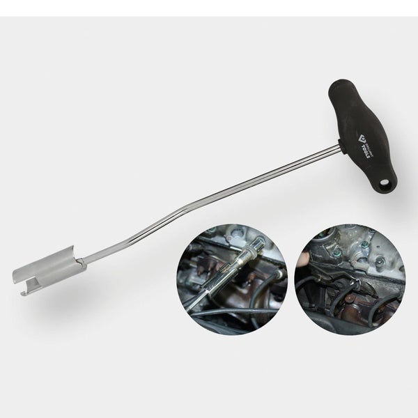 Zündkerzenstecker-Zange mit T-Griff und zwei Anwendungsbeispielen