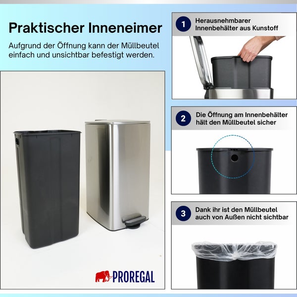 Tretmülleimer aus Edelstahl mit herausnehmbarem Inneneimer aus Kunststoff und Öffnung zur unsichtbaren Müllbeutelbefestigung. Proregal Logo.