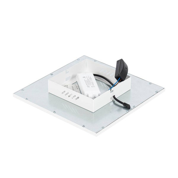 Rückansicht eines quadratischen LED-Panels mit integriertem Treiber und Anschlusskabeln.