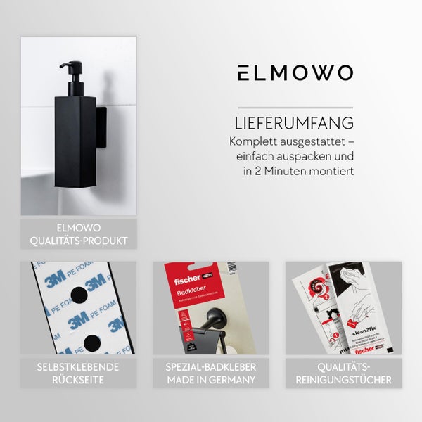 ELMOWO Seifenspender zur Wandmontage inklusive Fischer Spezial Badkleber, Reinigungstücher und selbstklebender Rückseite für einfache Montage.