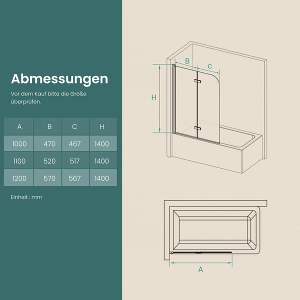 EMKE Badewannenaufsatz 2-teilig 110 x 140 cm – Duschwand für Badewanne, faltbar, mit Nano-Beschichtung zur einfachen Reinigung, 6mm ESG Glas