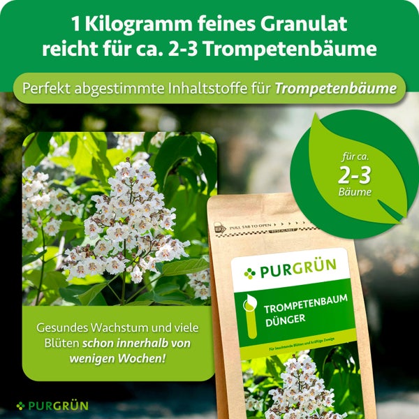 Purgrün Trompetenbaum Dünger 1 Kilogramm Packung mit Abbildung von Trompetenbaumblüten zur Förderung von gesundem Wachstum und Blütenbildung.